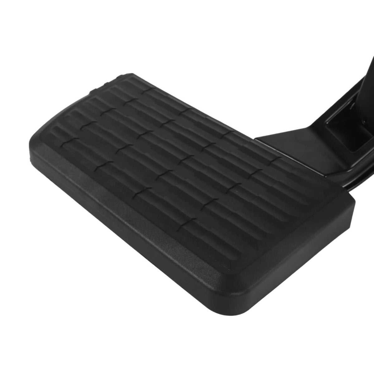 Black retractable rear tailgate step with textured tread pad