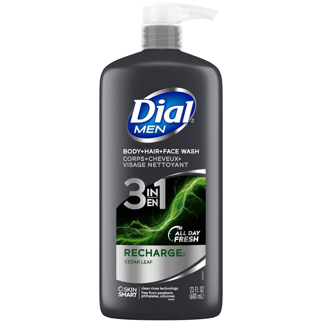Dial Men body, hair & face wash pump bottle front label, 3-in-1 Recharge