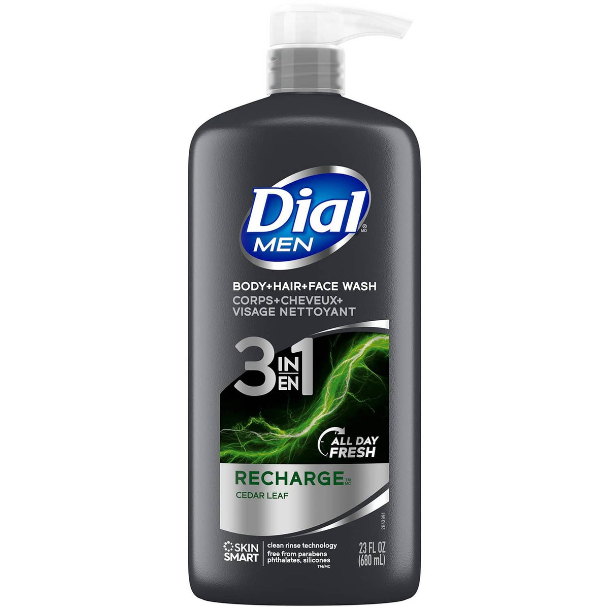 Dial Men body, hair & face wash pump bottle front label, 3-in-1 Recharge