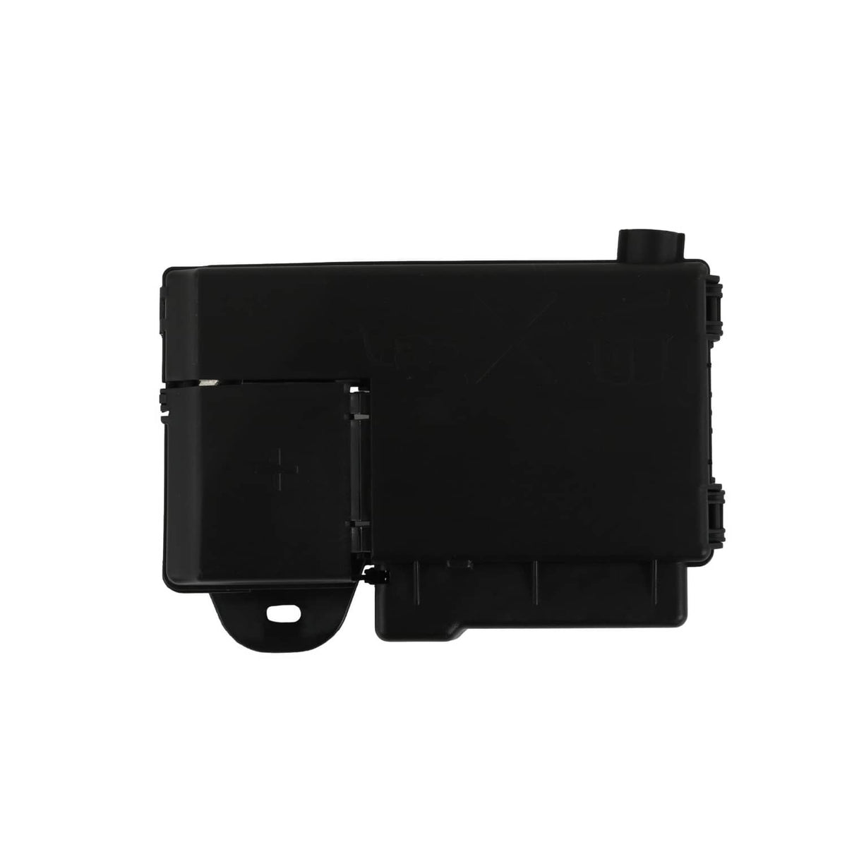 Black rectangular fuse block terminal housing with side mounting tab