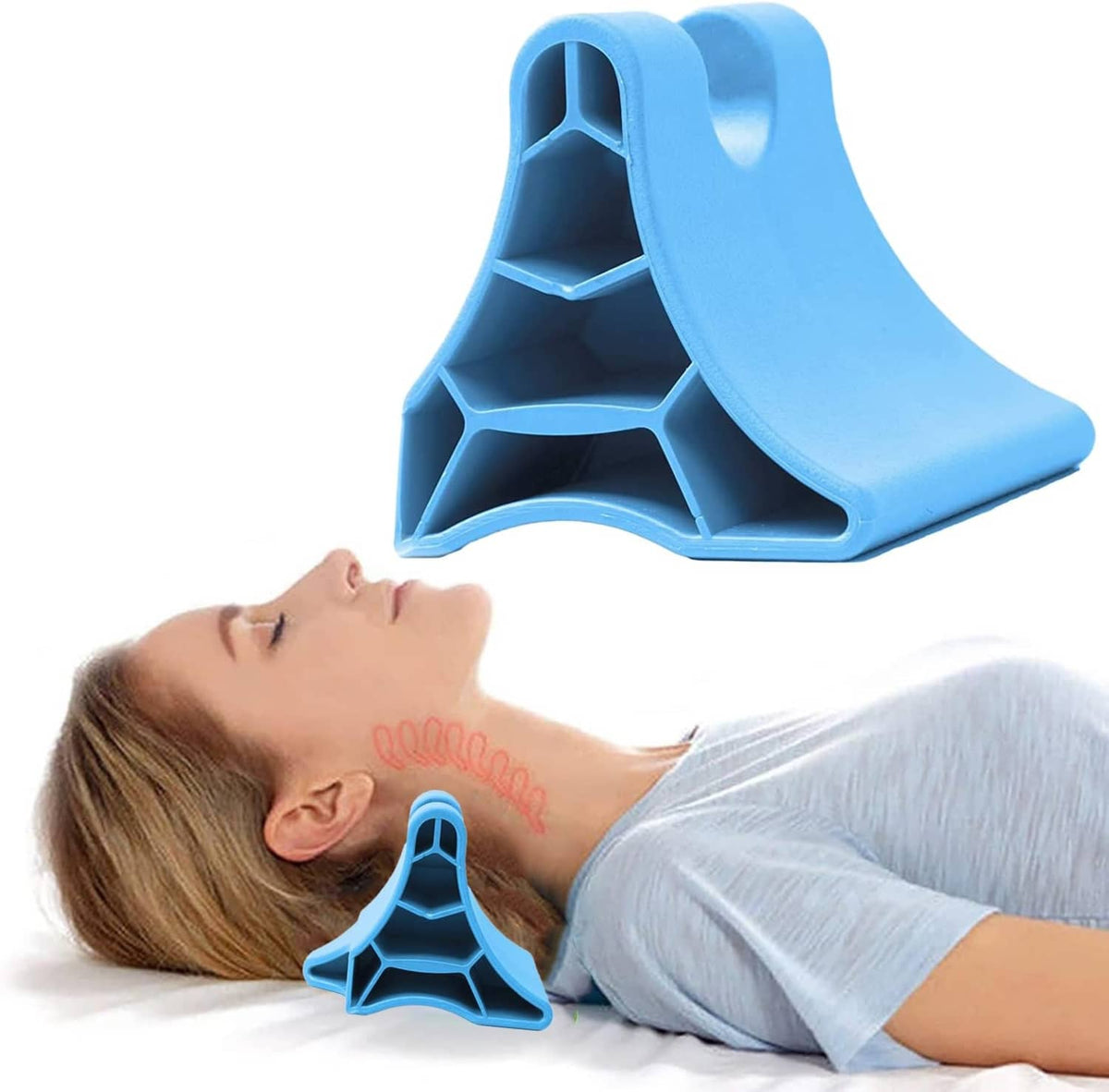 Blue portable cervical support tool with contoured Y-shaped cradle for the neck.