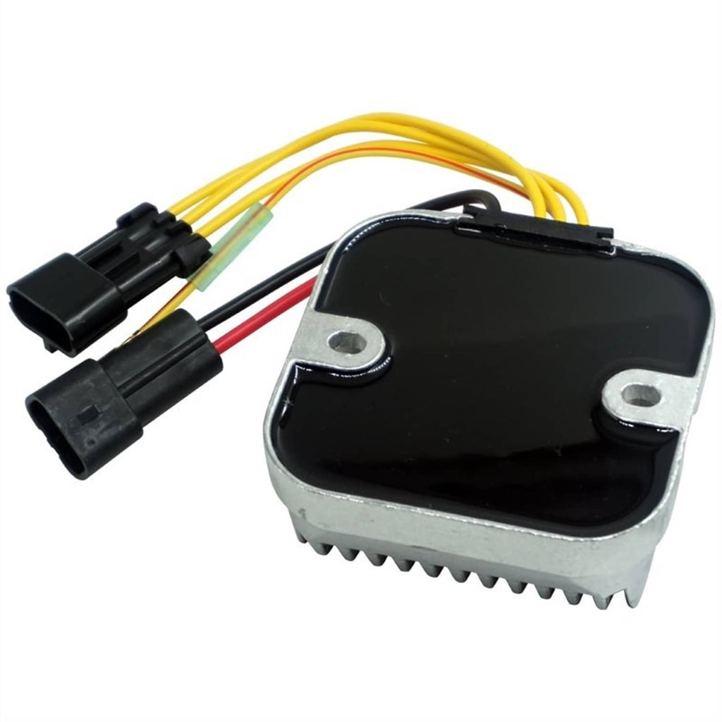 Voltage regulator/rectifier with black top cover, finned aluminum base, wire leads