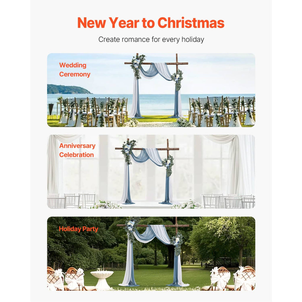 Blue-and-white wedding arch drape kit with floral garland decorations