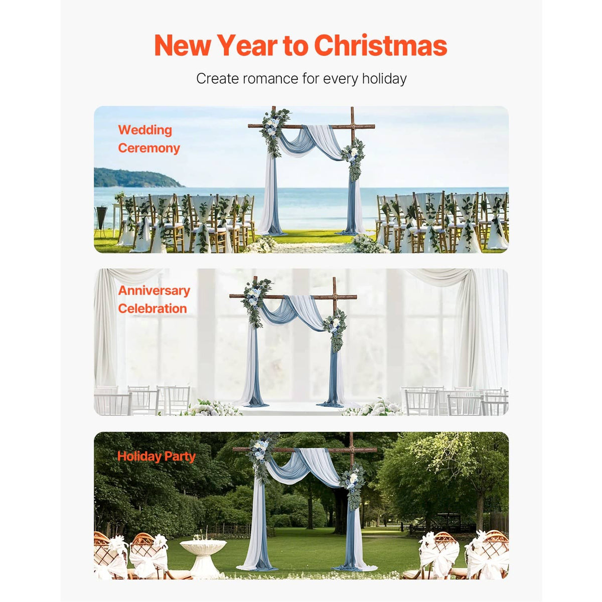 Blue-and-white wedding arch drape kit with floral garland decorations