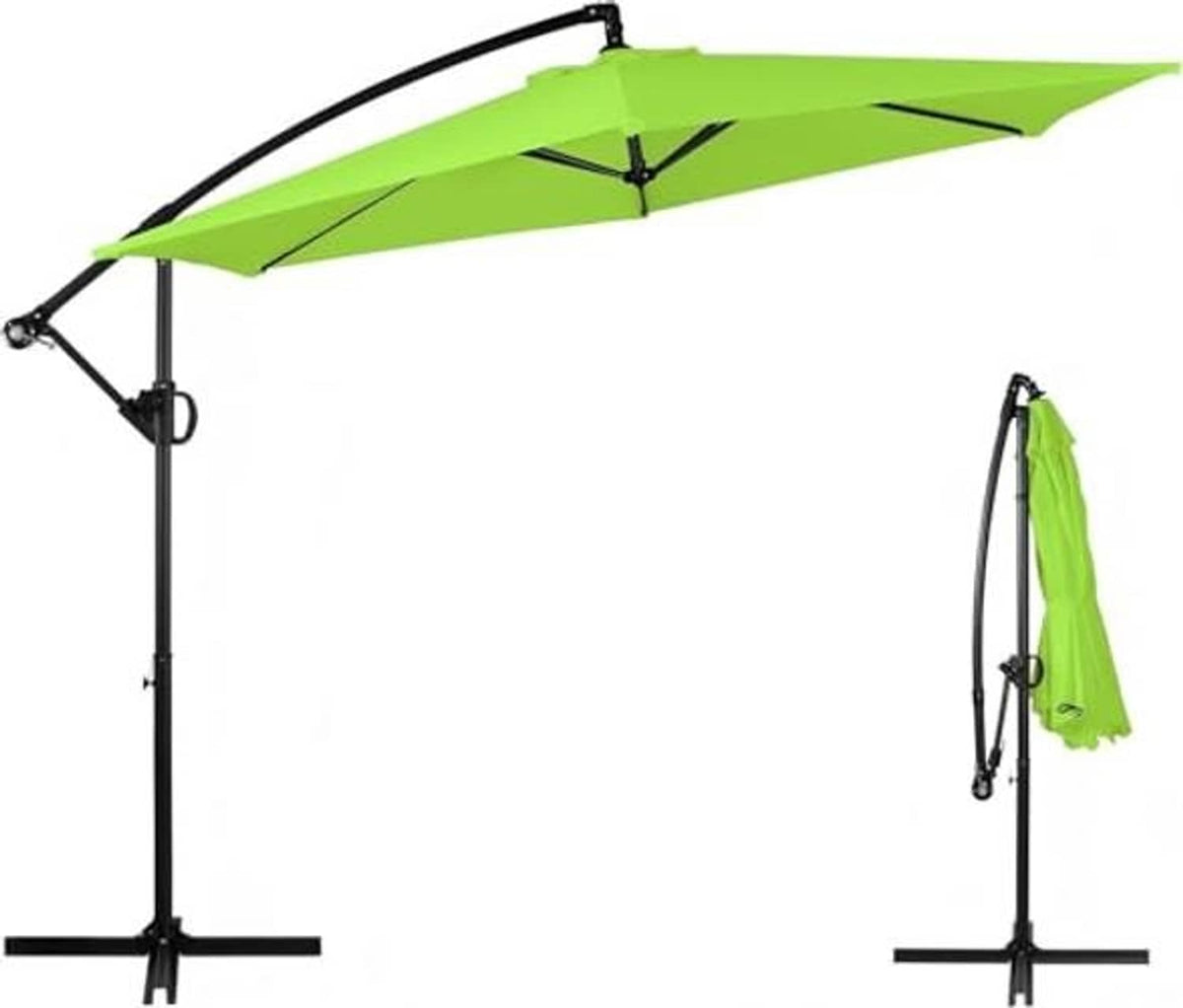 Green offset cantilever umbrella with black frame and open side hanging fabric