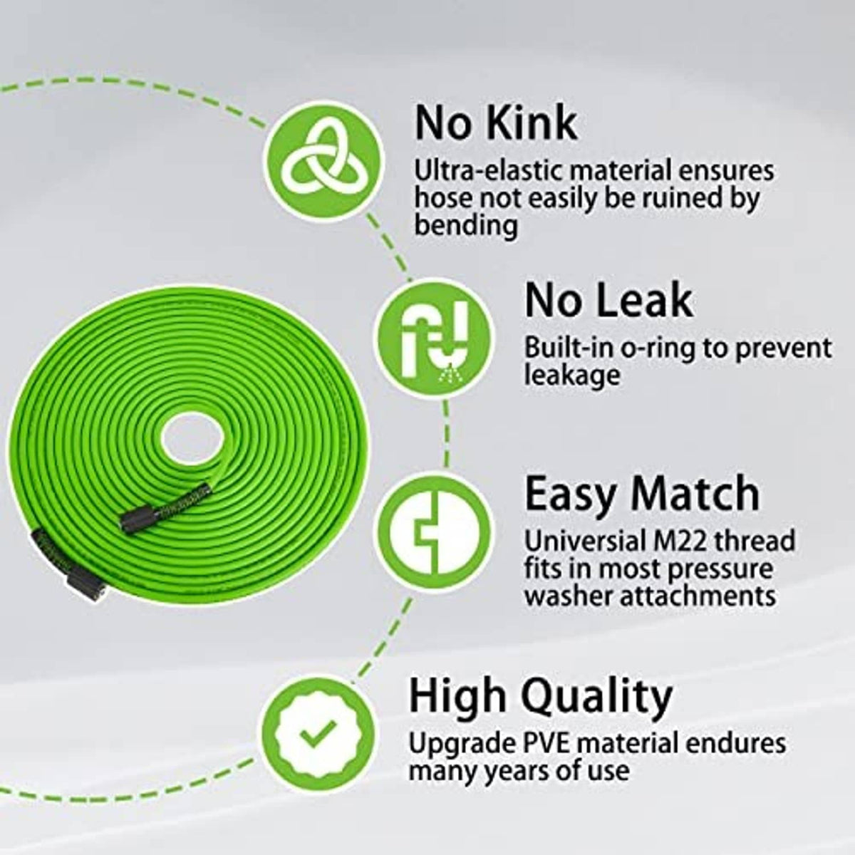 Green kink-resistant pressure washer hose coil with black connector end