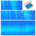 Blue glossy metal laser-engraving business cards, stacked with one card shown top view.
