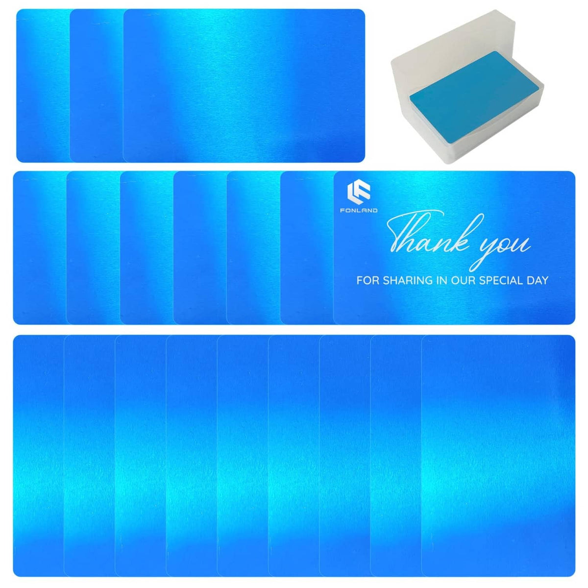 Blue glossy metal laser-engraving business cards, stacked with one card shown top view.