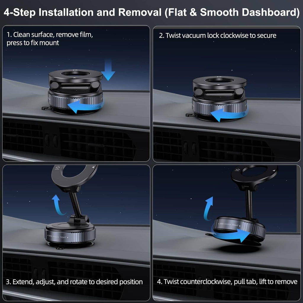 Vacuum magnetic car phone holder showing twist-lock installation and removal steps