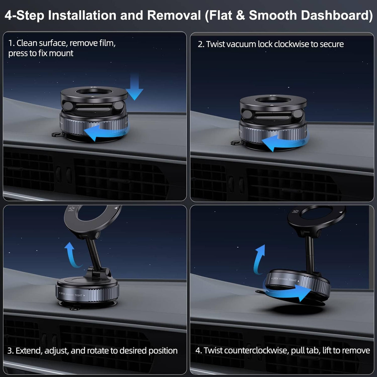 Vacuum magnetic car phone holder showing twist-lock installation and removal steps
