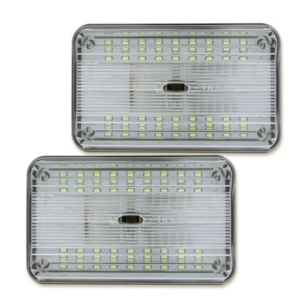 Set of two clear-lens 12V dome LED lights with chrome bezel and screw mounts.
