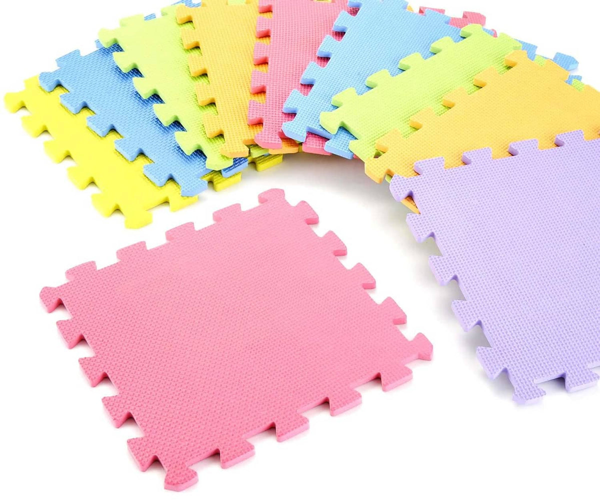 Assorted interlocking foam floor tiles in yellow, blue, green, pink, and purple