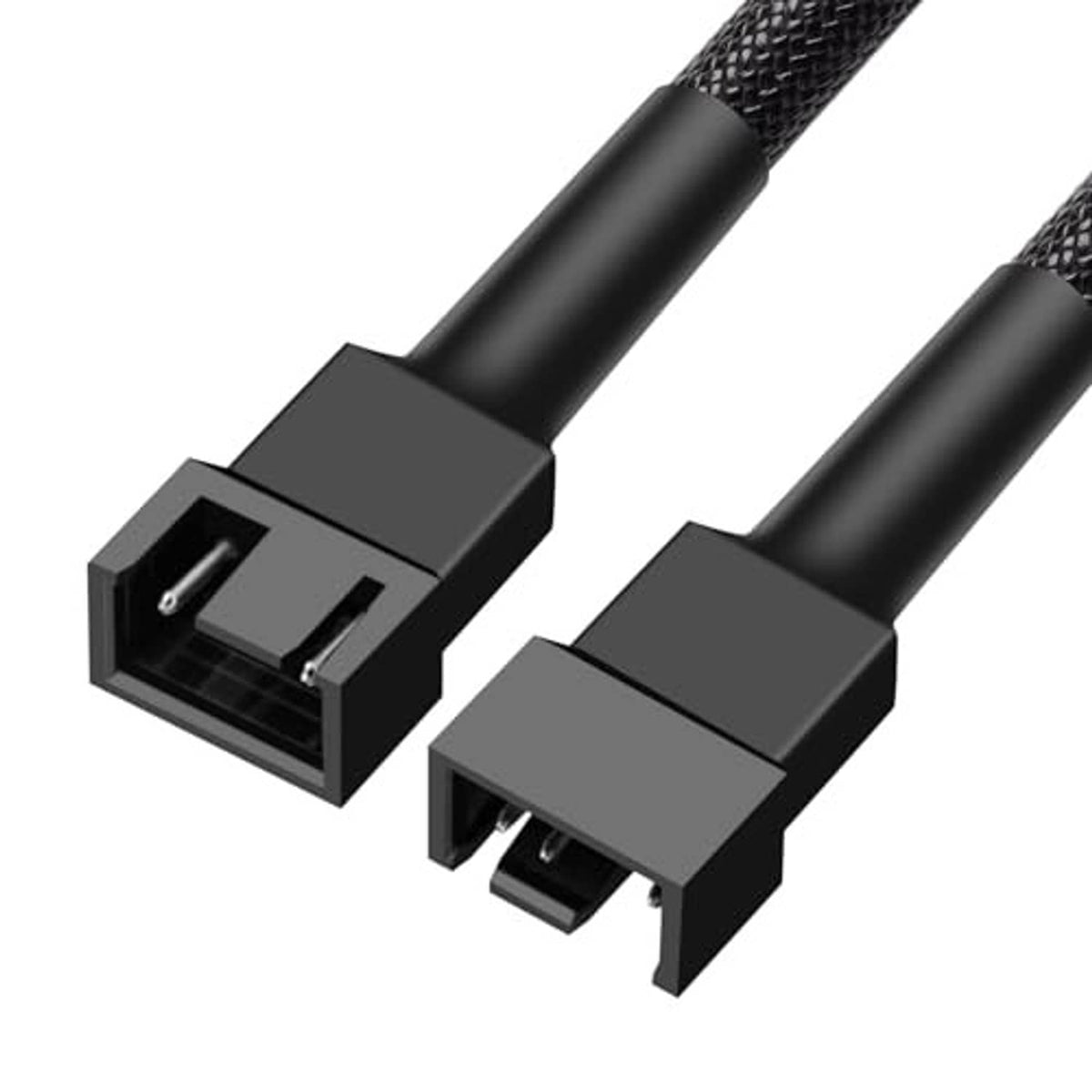 Close-up of two black 4-pin fan extension connectors with dual pin slots
