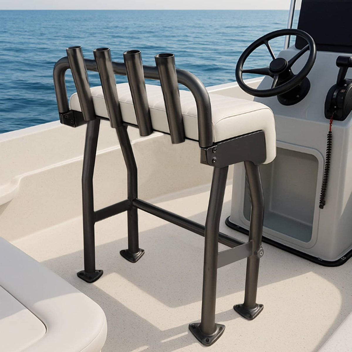 Leaning post seat with white cushion and black frame, four rod holders on a boat