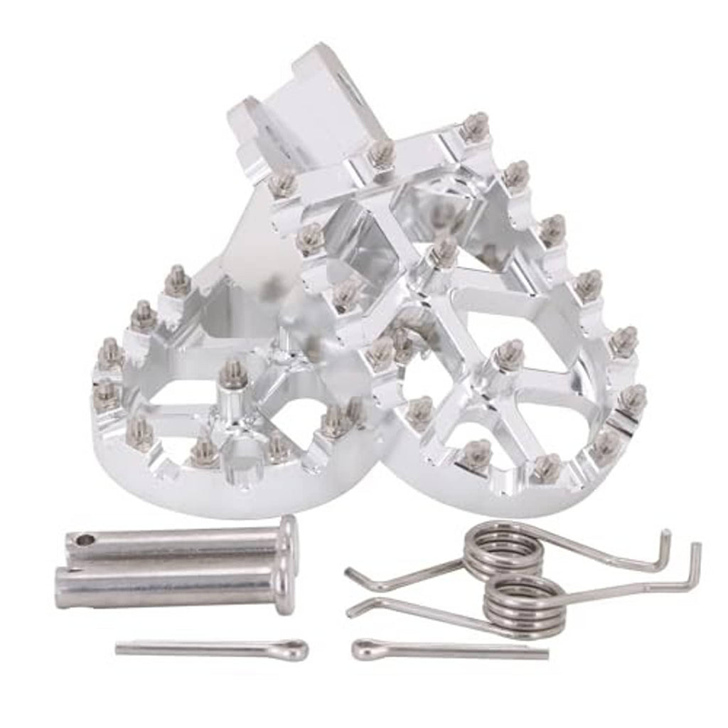 Silver foot peg pair with traction pins and included mounting screws
