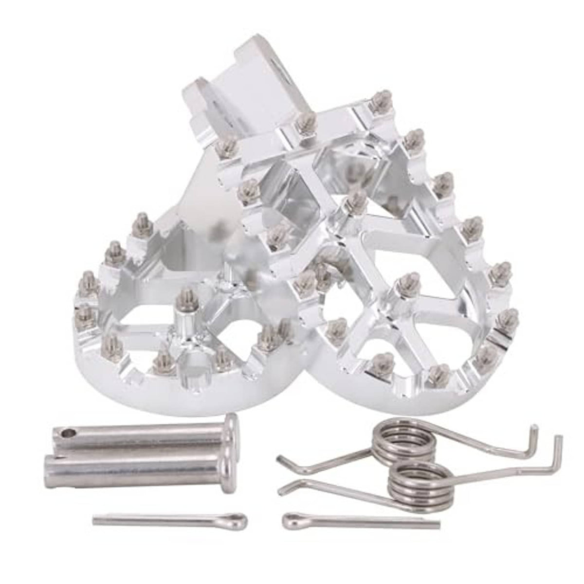Silver foot peg pair with traction pins and included mounting screws