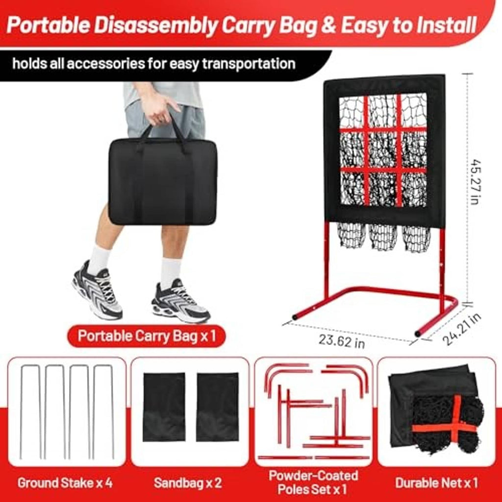 Portable pitching net kit with carry bag, stakes, pole set, and durable black net