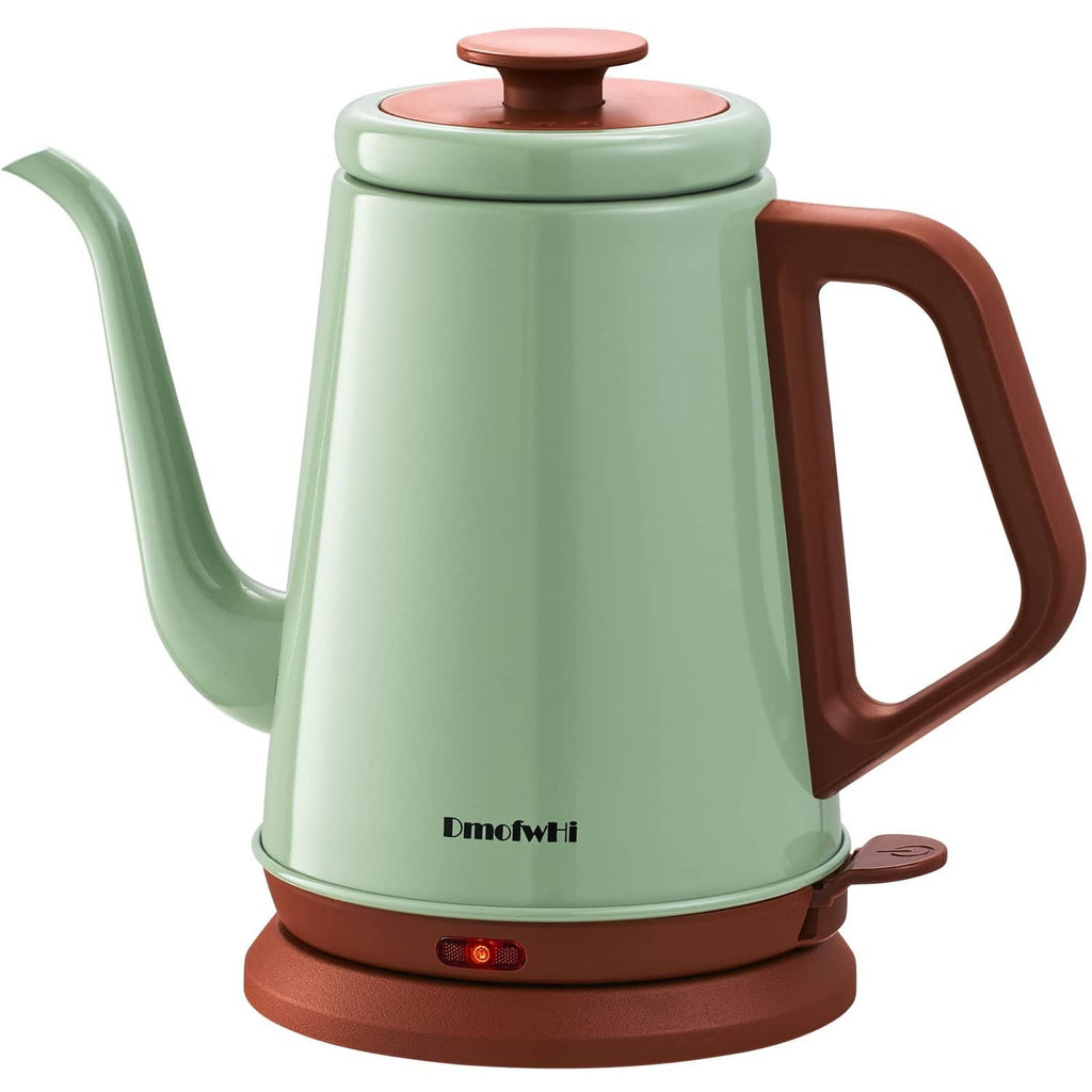 Green electric gooseneck kettle with copper lid knob and brown handle