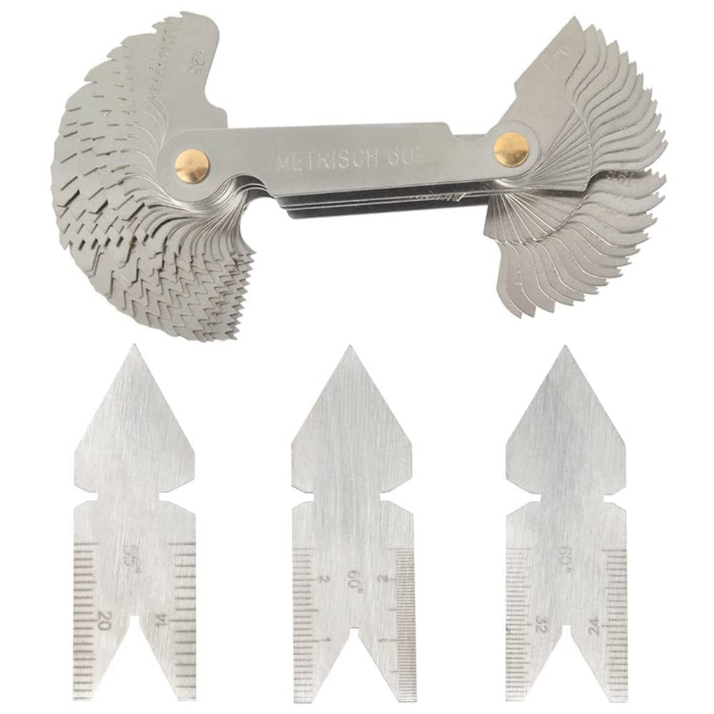 Stainless steel thread pitch gauge tool set with multiple leaf blades and measurement scales