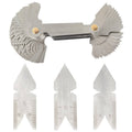 Stainless steel thread pitch gauge tool set with multiple leaf blades and measurement scales