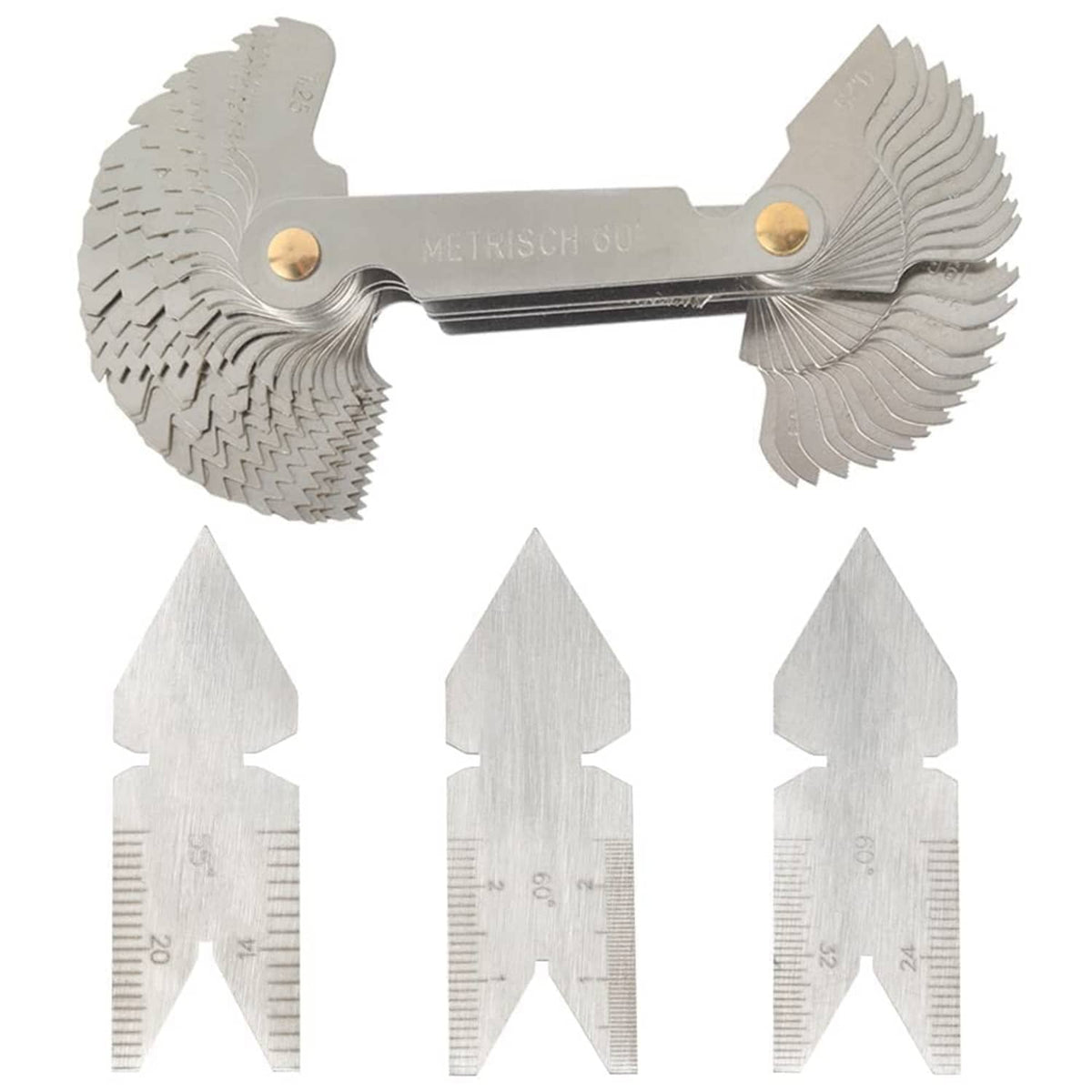 Stainless steel thread pitch gauge tool set with multiple leaf blades and measurement scales