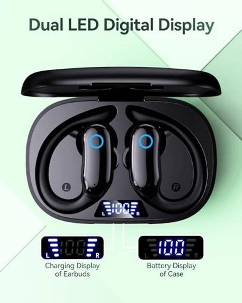 Black wireless earbuds and charging case with visible LED battery and charging displays