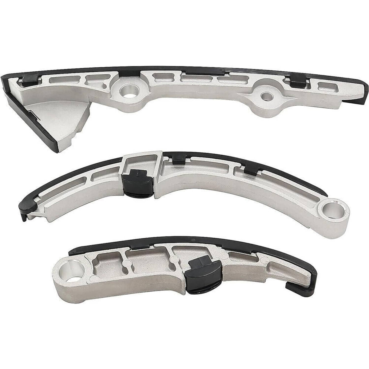 Timing chain guide rails kit, two curved metal rails with black pads