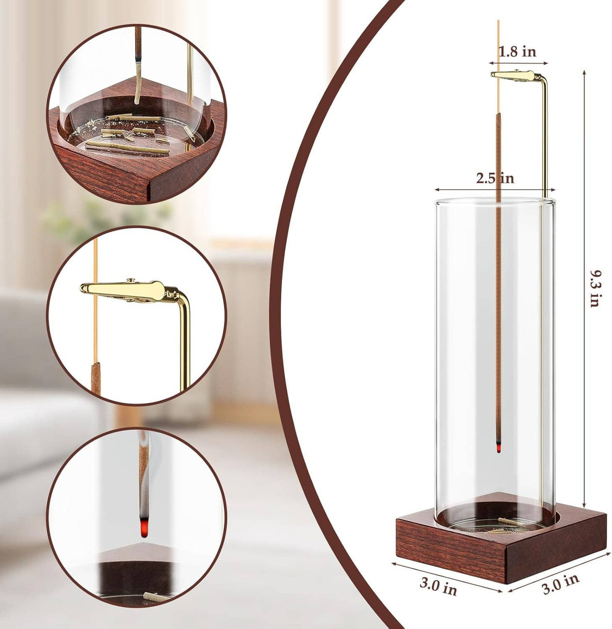Incense holder size diagram with clear glass cylinder, gold frame, and dark wood base