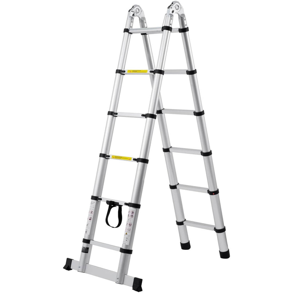 Aluminum A-frame telescopic ladder with stabilizer bar and black non-slip feet