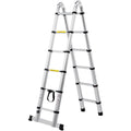 Aluminum A-frame telescopic ladder with stabilizer bar and black non-slip feet
