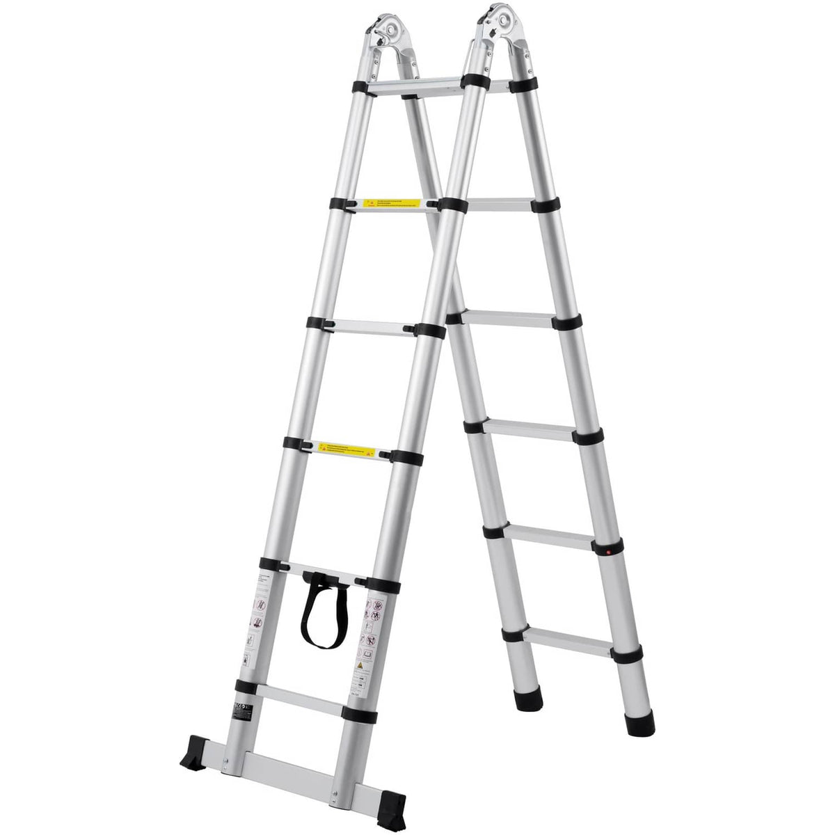 Aluminum A-frame telescopic ladder with stabilizer bar and black non-slip feet