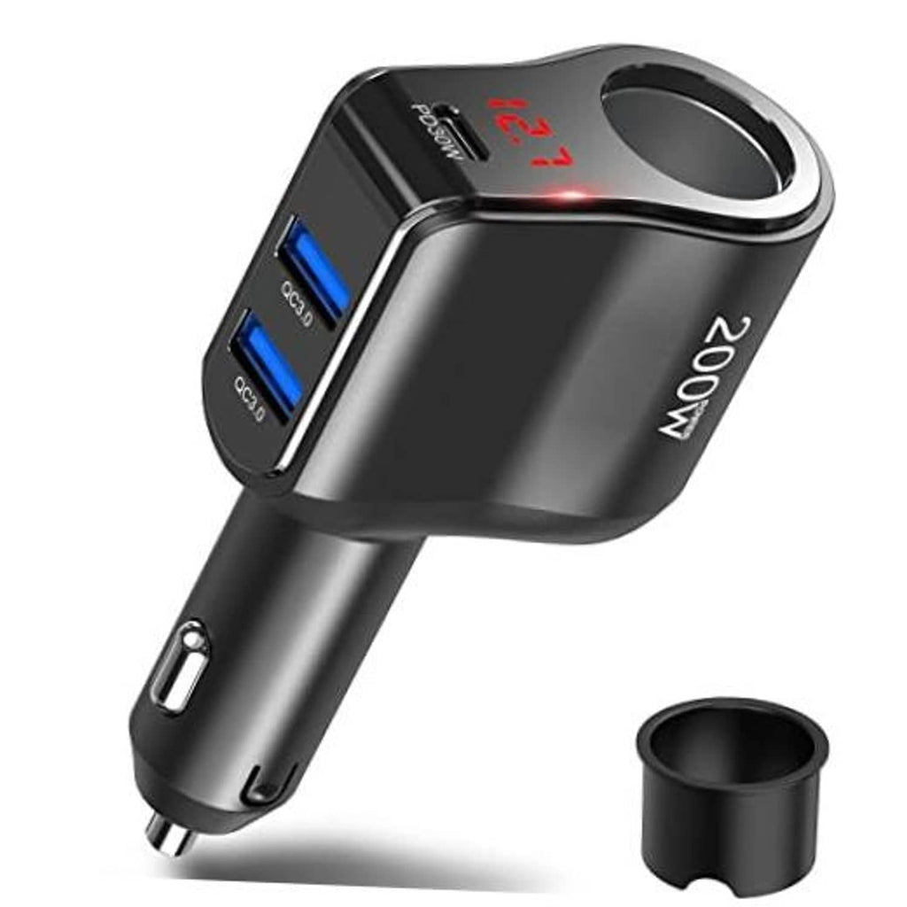 Black car USB-C charger splitter with blue ports, LED display, and cigarette plug cap