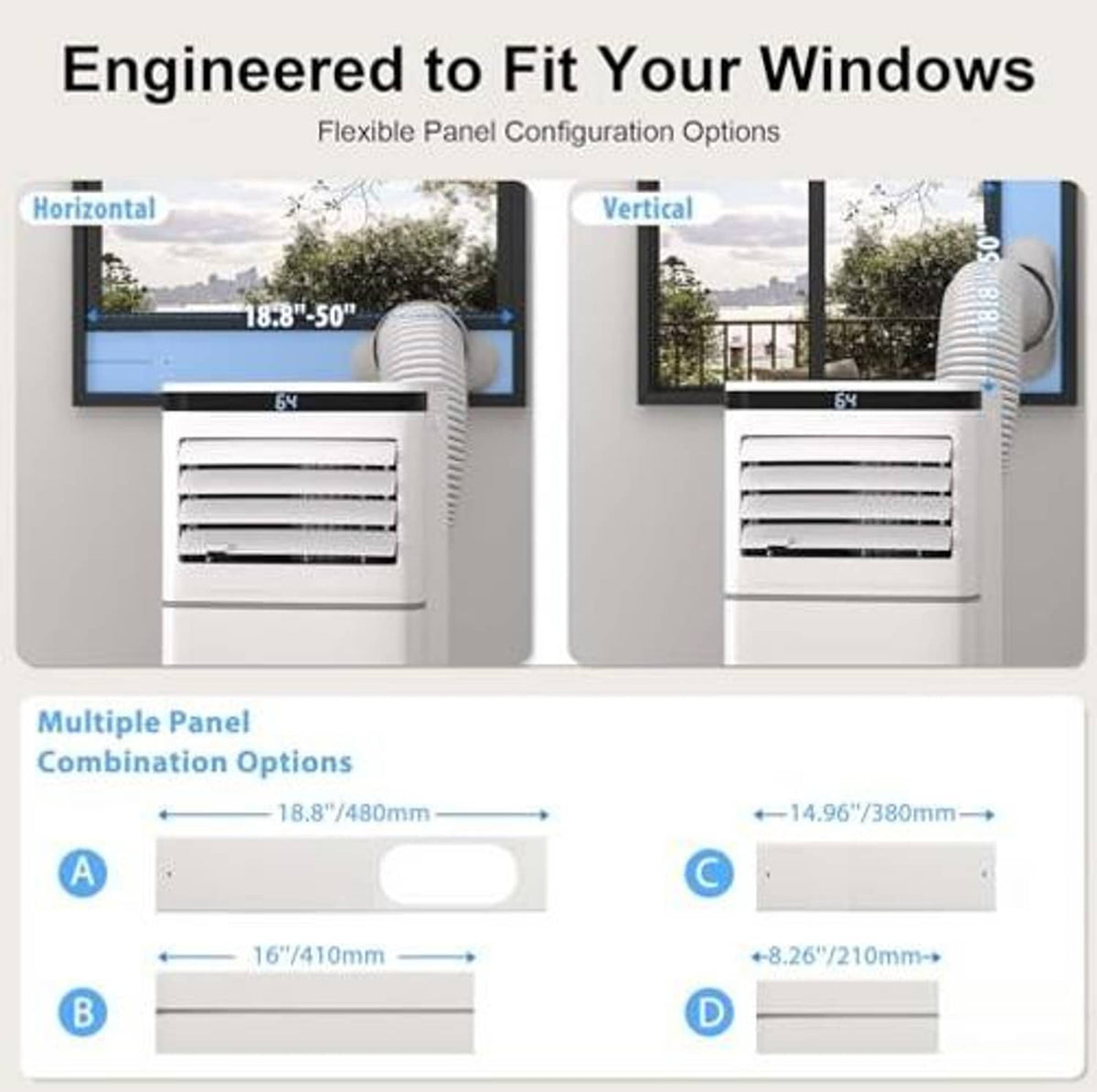 Portable air conditioner with flexible window panel and exhaust hose for window fit