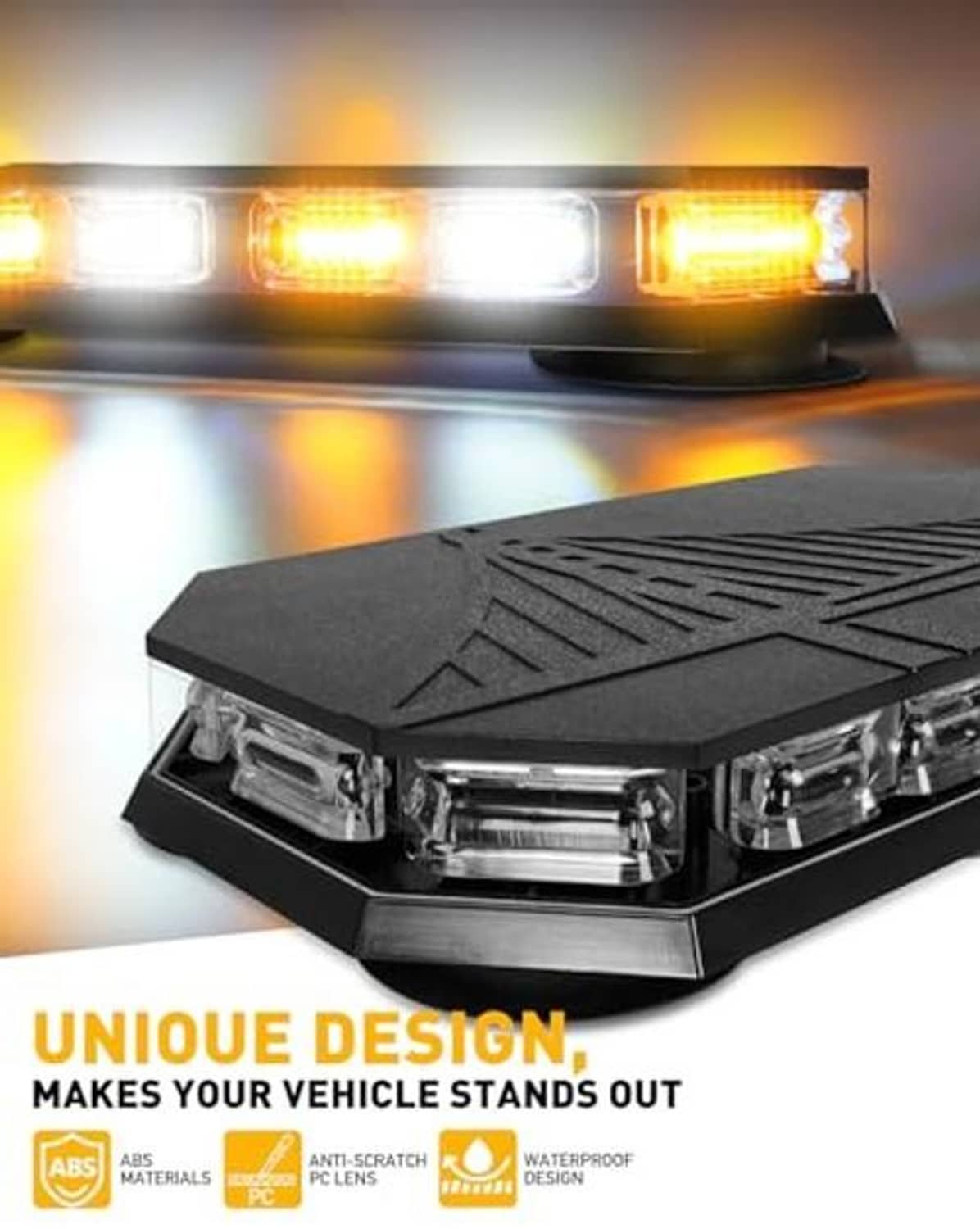 Close-up of amber and white LED lenses on a black emergency strobe light bar