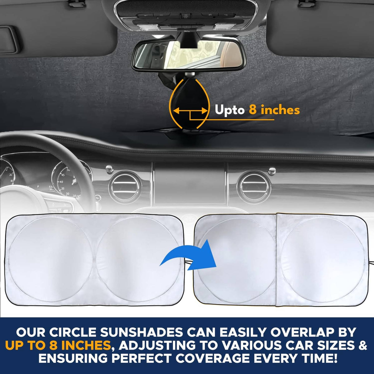RV windshield sunshade cover with overlapping design, multi-panel fit