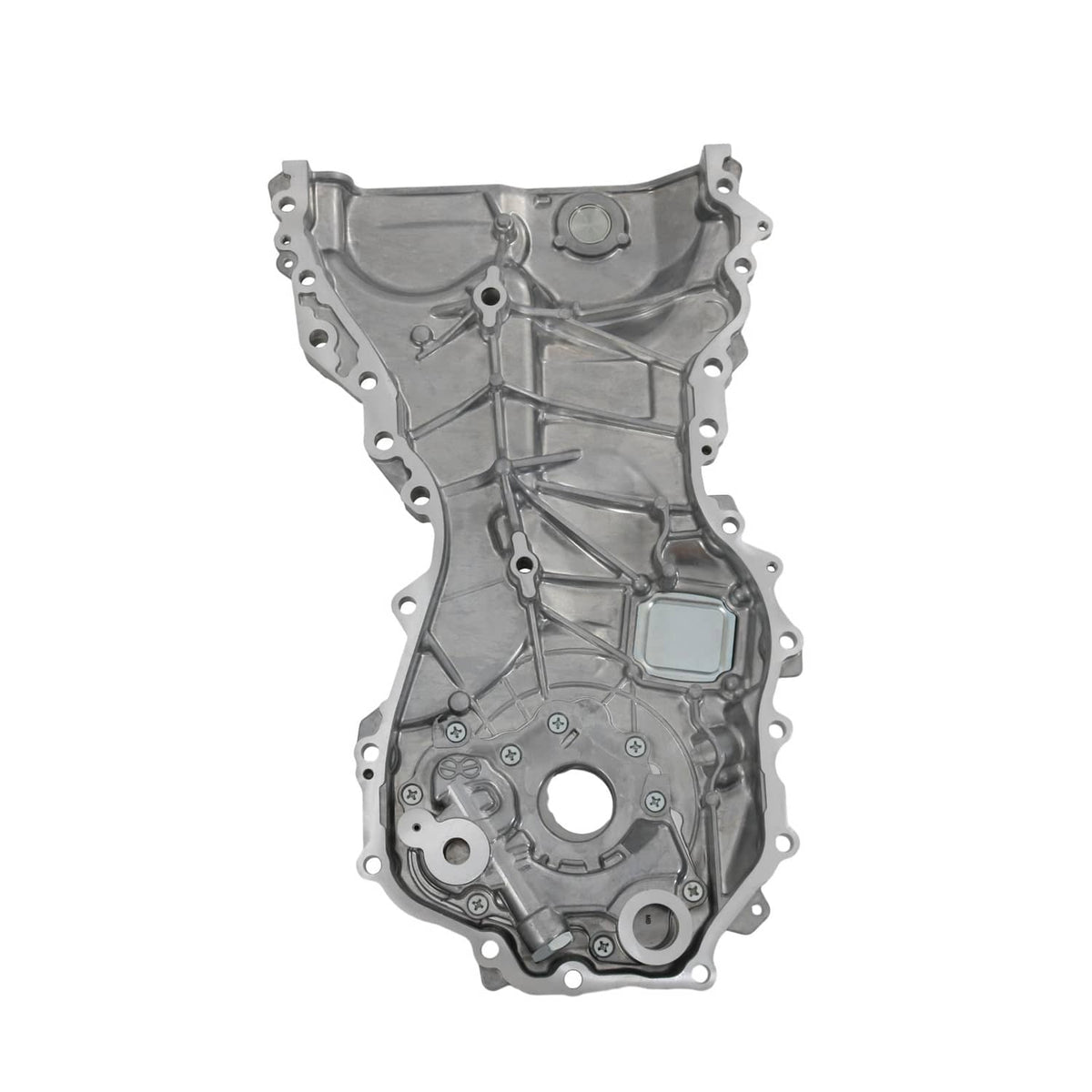 Oil pump housing assembly with ribbed underside and square cover panel, cast metal