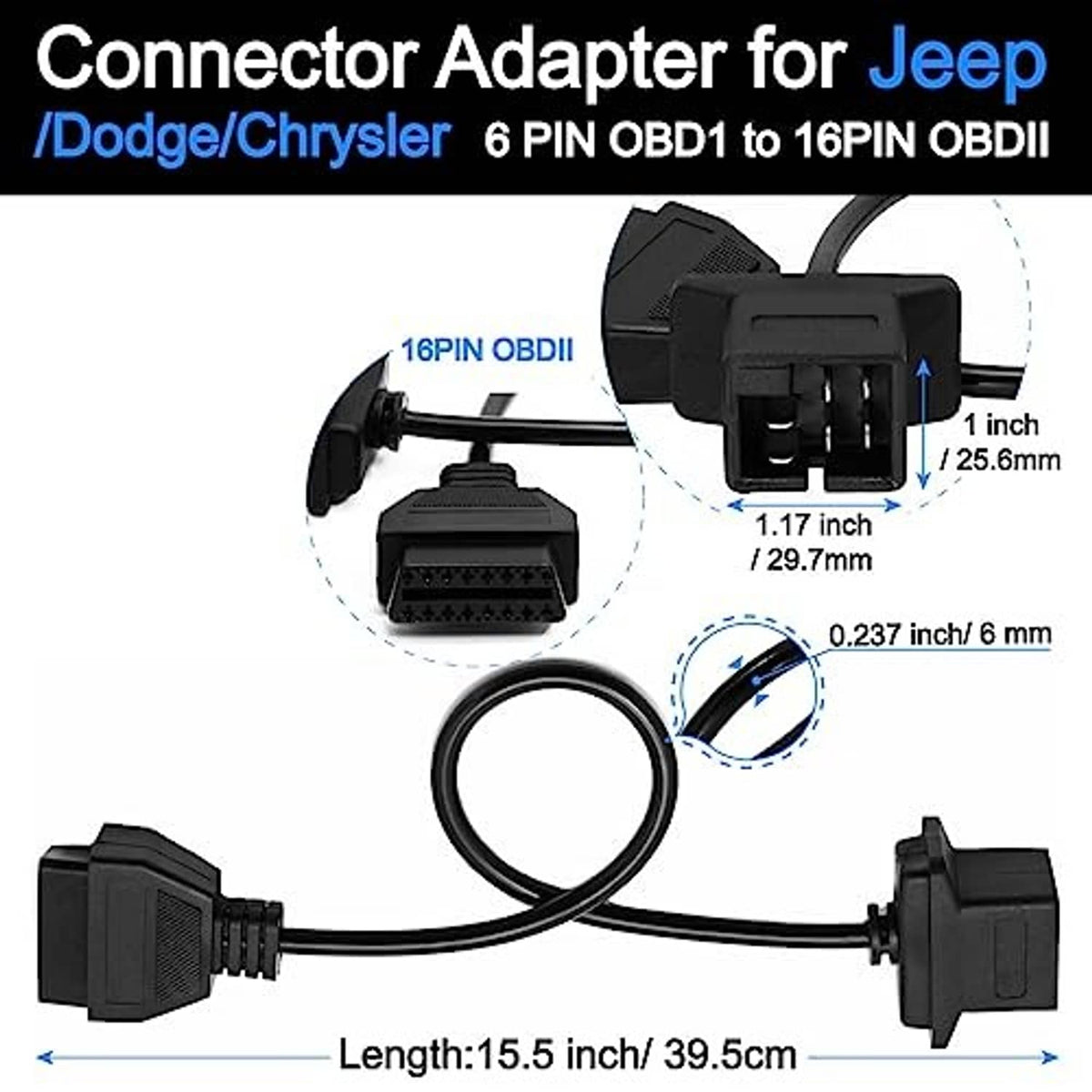 OBD1 to OBD2 connector adapter for Jeep, black cable with plug ends