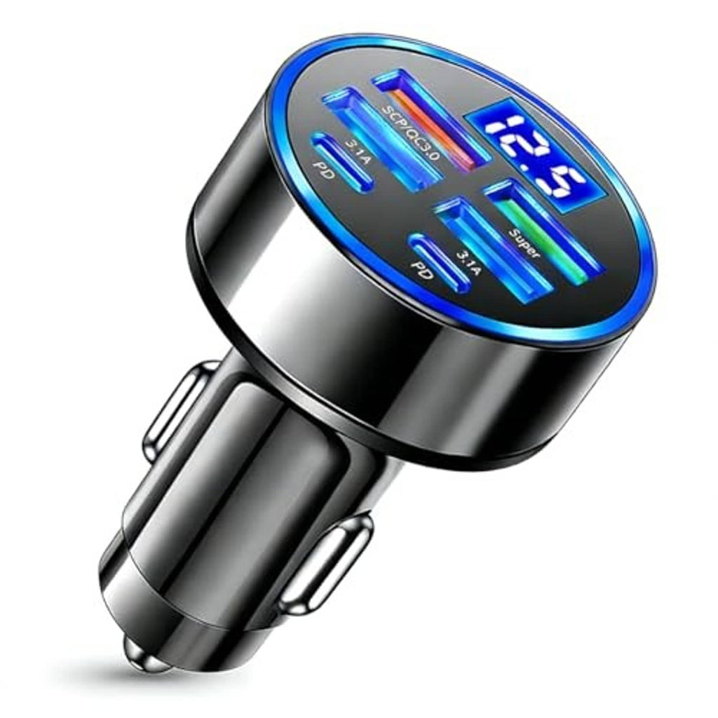 USB-C car voltmeter charger adapter angled view with blue LED circular display and chrome finish.