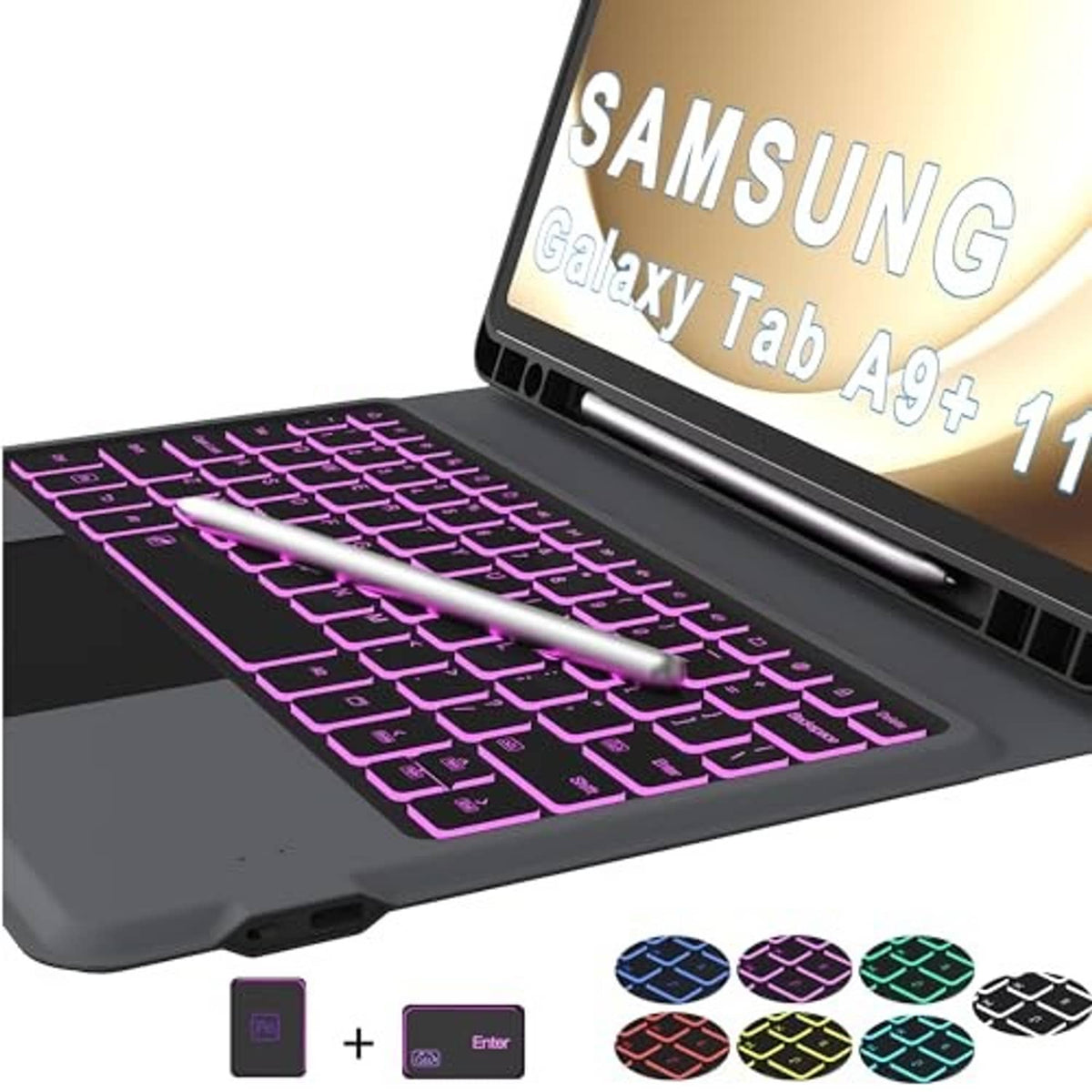 Keyboard case close-up with purple backlit keys and touchpad area visible