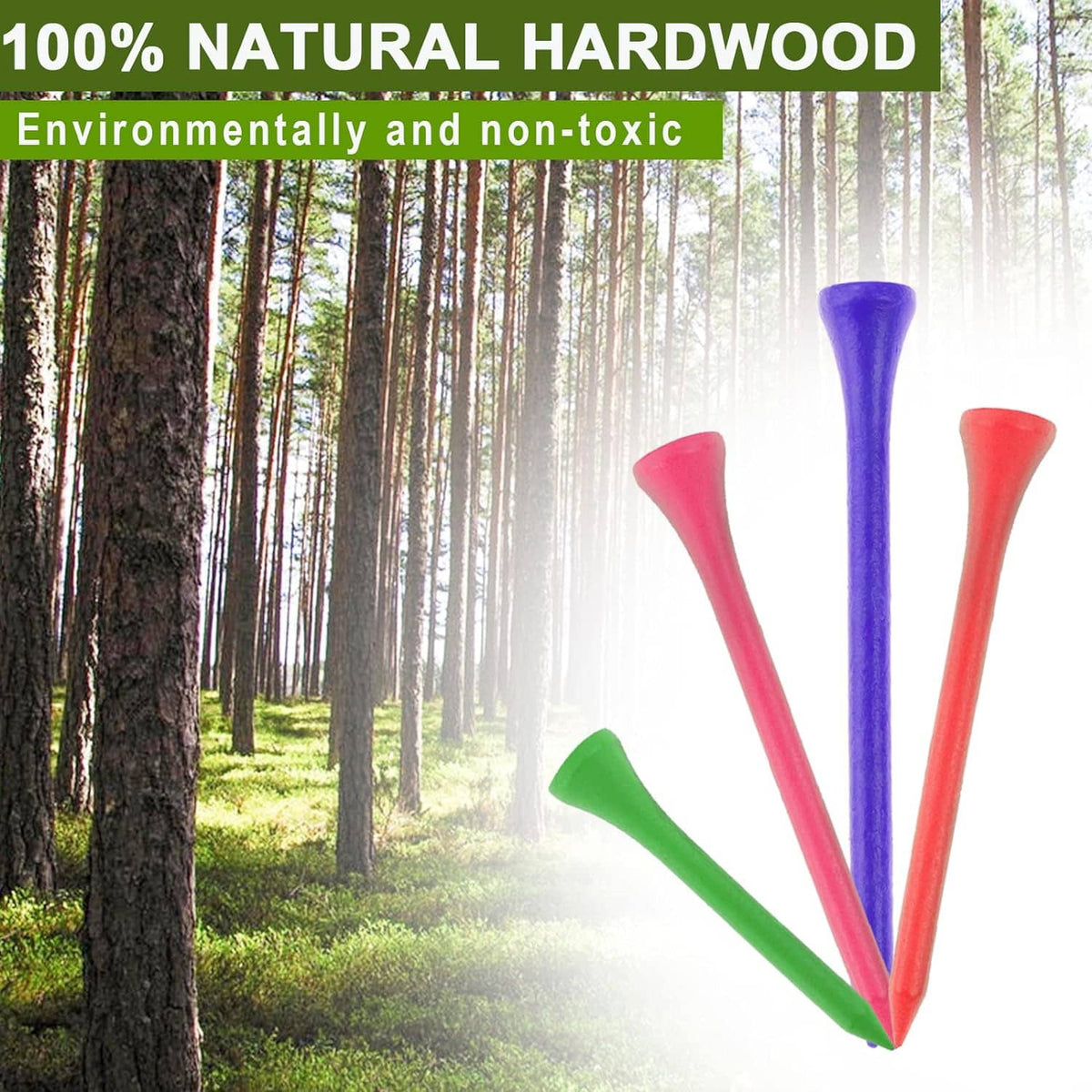 Three colorful wood golf tees standing: green, pink, and purple with natural wooden look