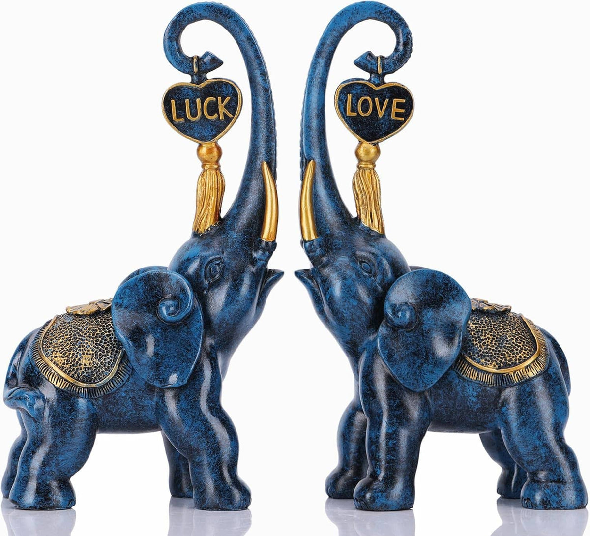 Pair of blue elephant statues with gold headpieces and Luck/Love plaques