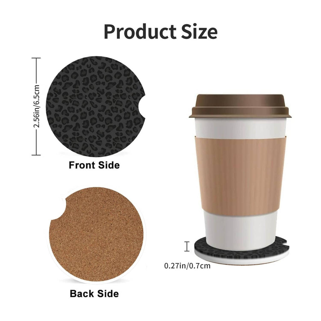 Black leopard print ceramic coaster with cork back, shown with a coffee cup