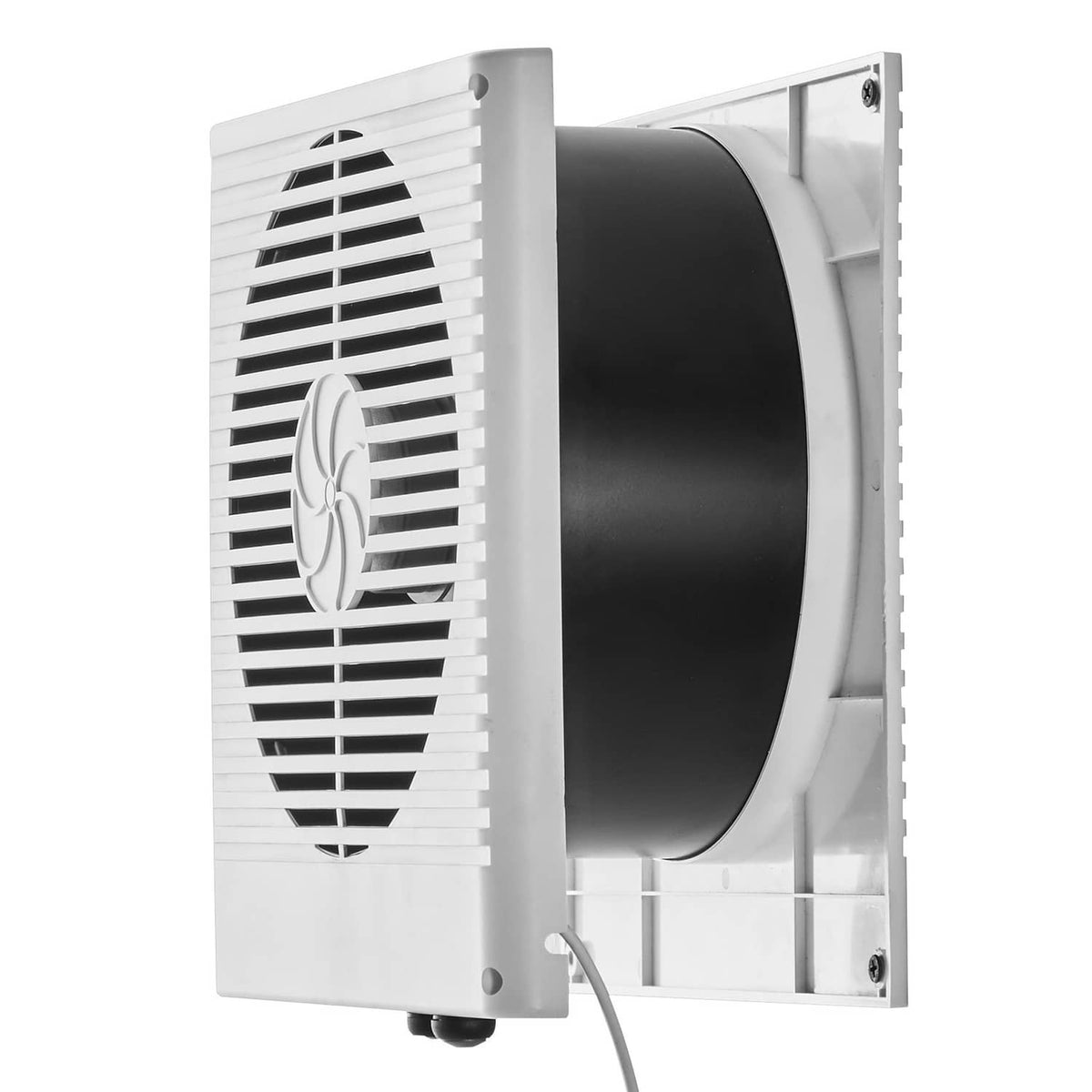 Wall-mounted ventilation fan open-side view showing internal fan housing and grille