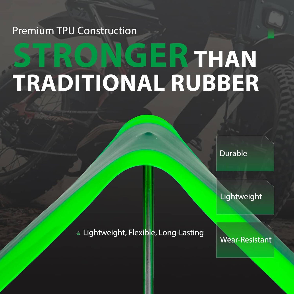 Green TPU fat bike tire liner with reinforced edge for puncture protection.