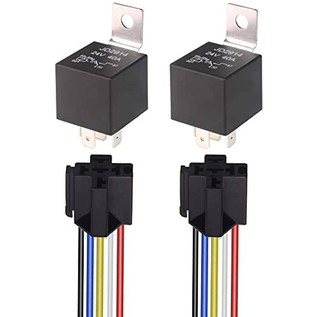 Two black 4-pin relays with mounting tabs and four color wire leads