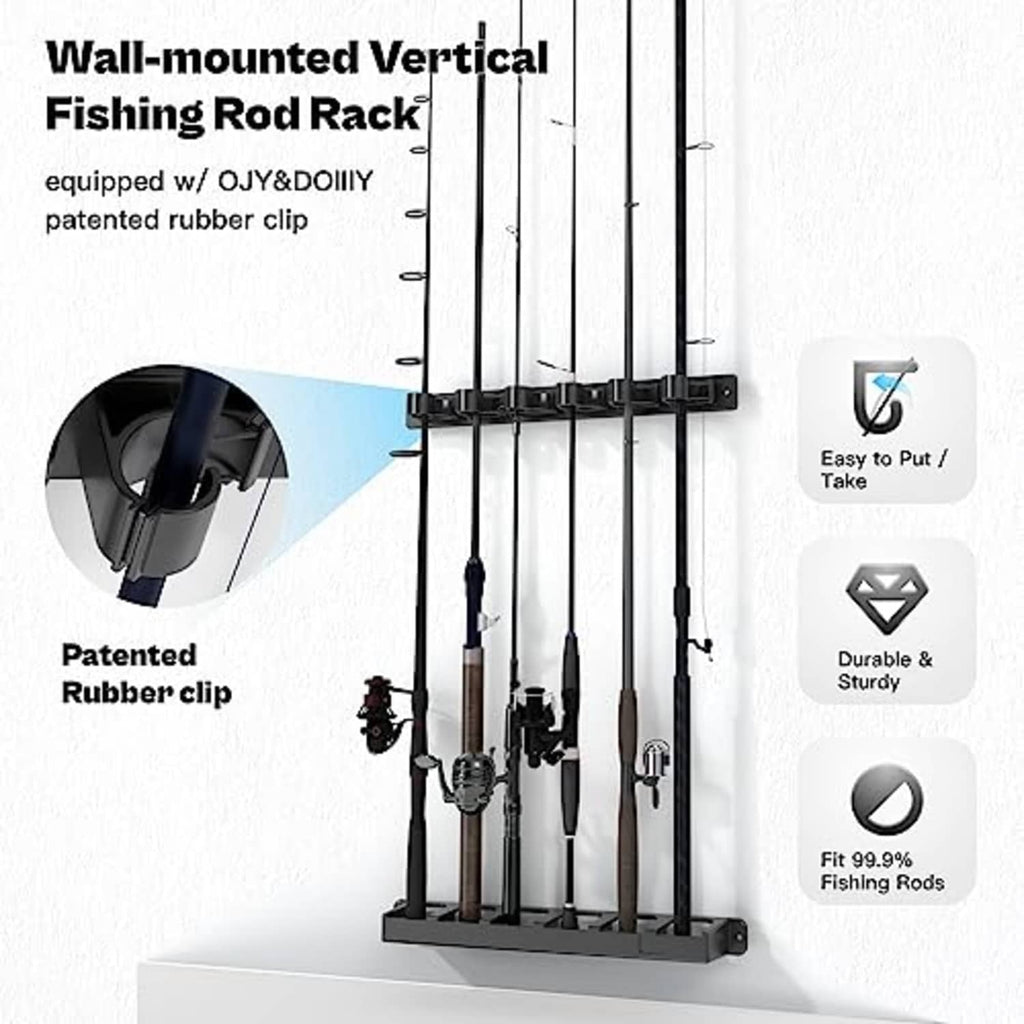 Wall-mounted vertical rod rack with multiple black rubber-clamp slots for six rods