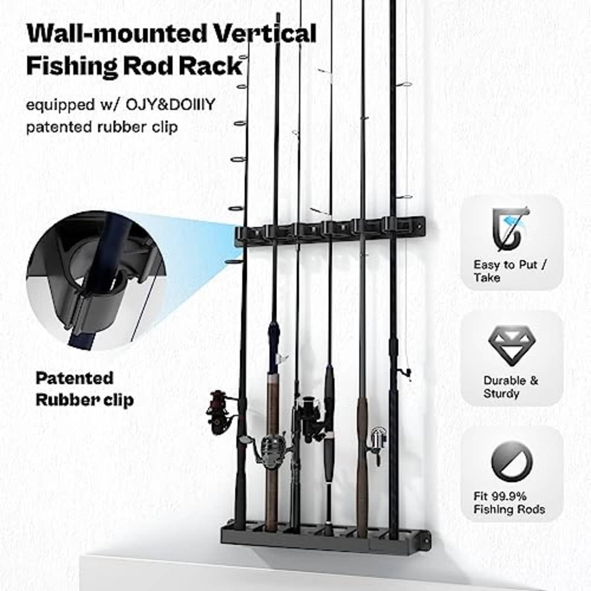 Wall-mounted vertical rod rack with multiple black rubber-clamp slots for six rods