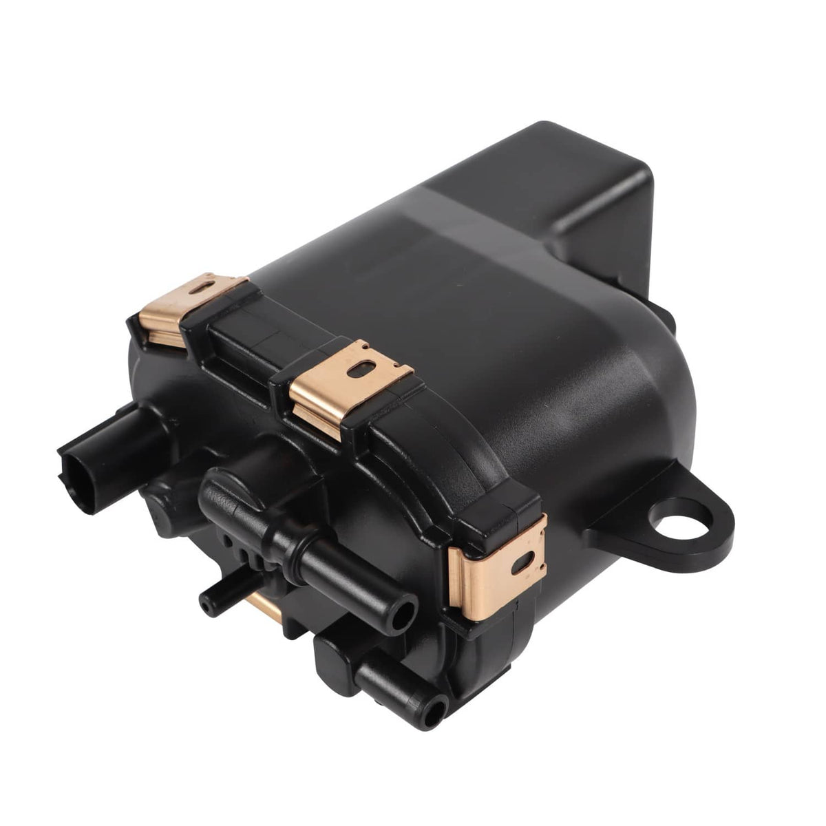 Black fuel pump module with mounting ears and electrical connector terminals
