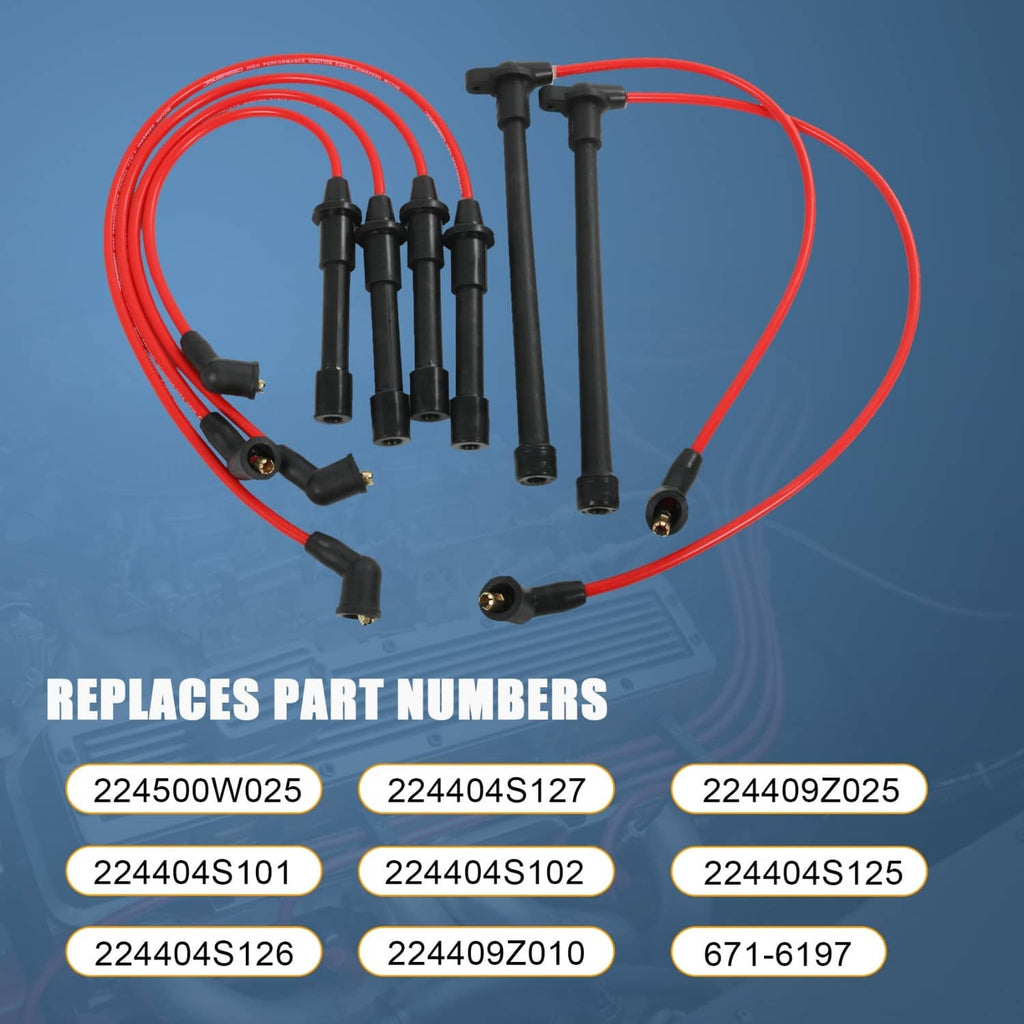 Spark plug wire set with red ignition wires and black boots, front view bundle