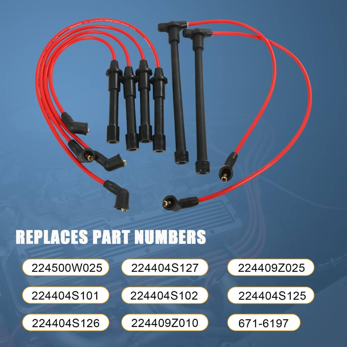 Spark plug wire set with red ignition wires and black boots, front view bundle
